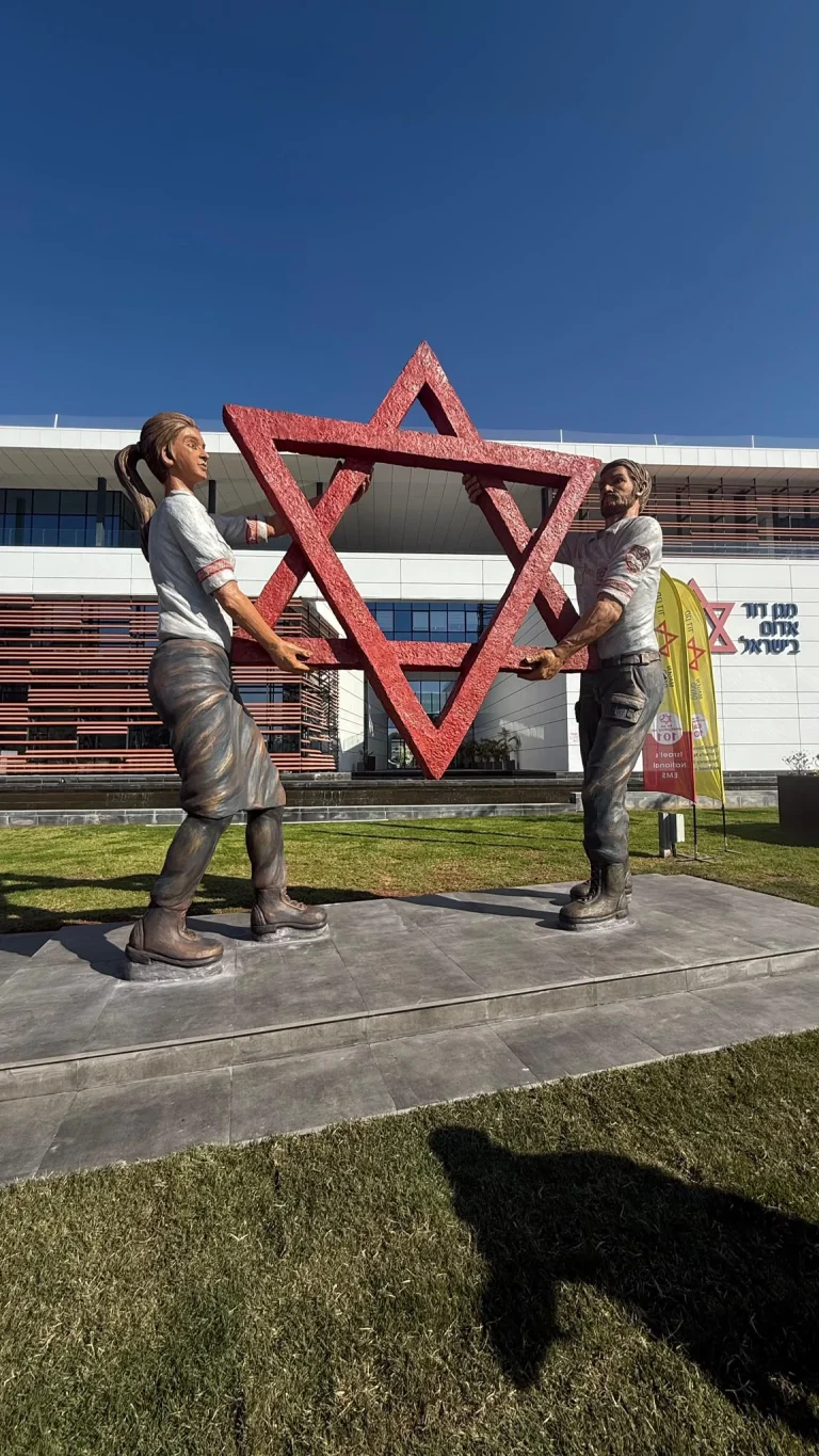 פסל האחווה של סם פיליפ בקריית מד״א ברמלה, שתי דמויות מחזיקות מגן דוד אדום