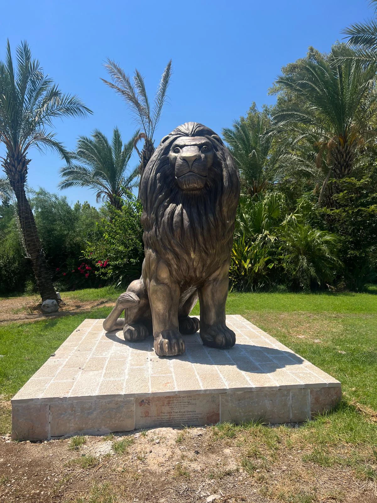 אריה קריית שמונה של סם פיליפ על בסיס אבן בגן בכניסה לעיר